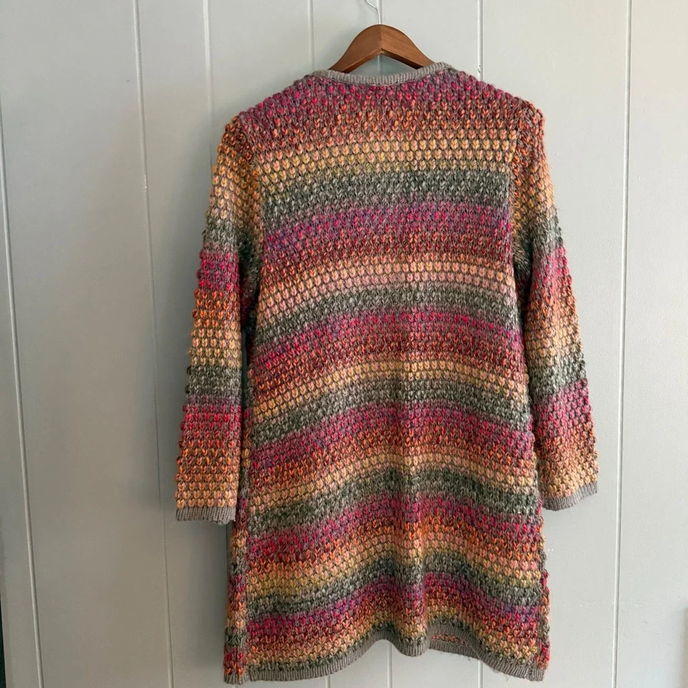 Multicolor Textured Knit Longline Open Front Cardigan Boho Lagenlook Cozy Large